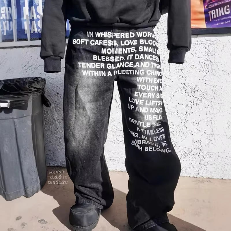 Fashion Retro Streetwear Hip-Hop Pants Casual Pants Men'S Wide Leg Pants Letter Printed Jeans Baggy Pants