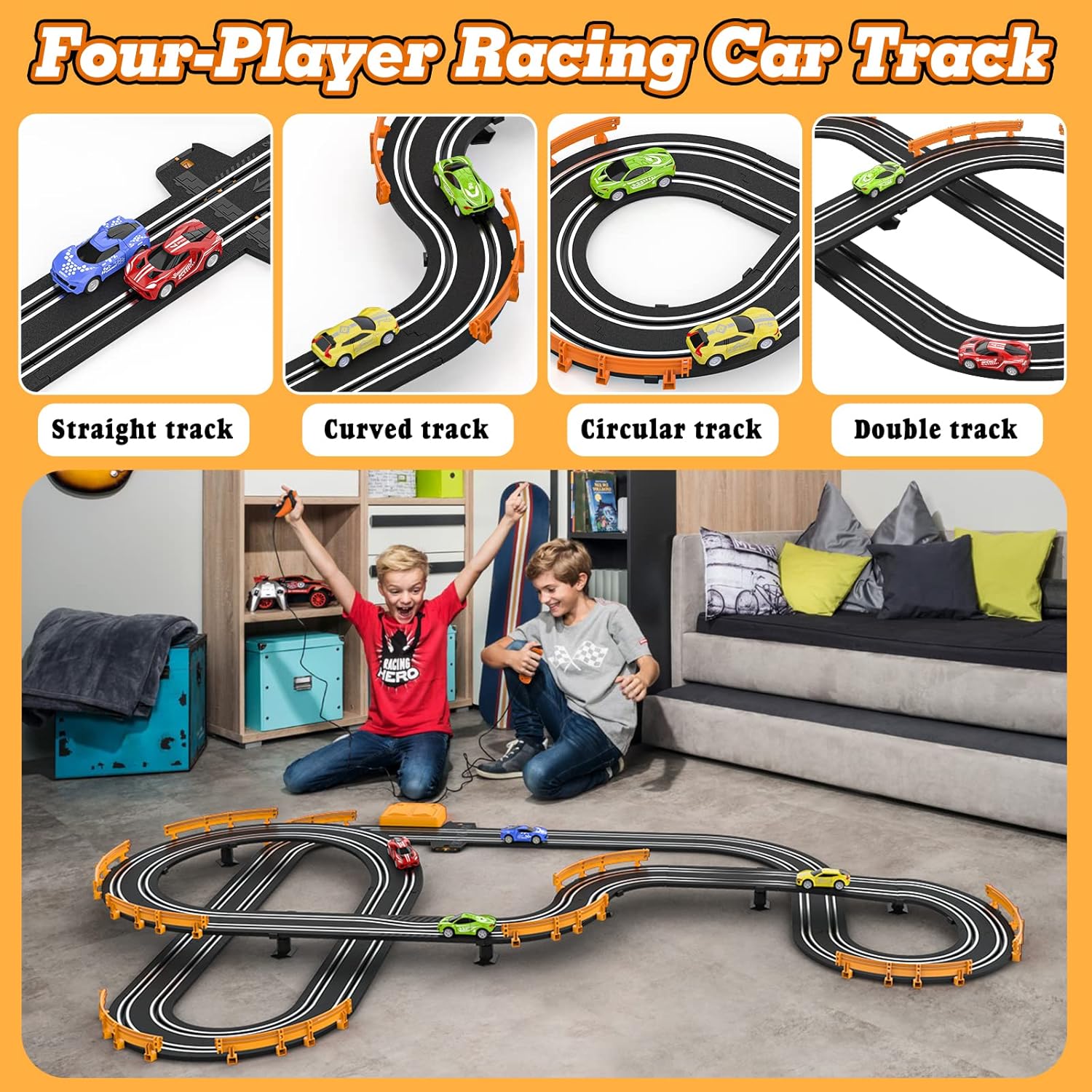 Exciting Slot Car Race Track Set with 4 High-Speed Cars - Perfect for Kids Aged 6-12, Dual Racing Fun with Automatic Lap Counter!