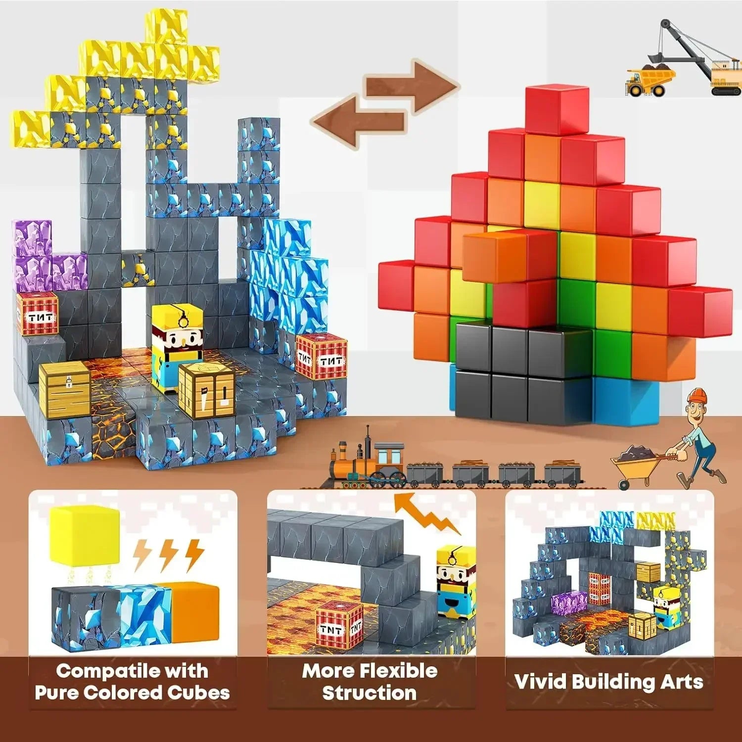 Magnetic Building Blocks Mine World - Creative Stacking Construction Set for Kids Ages 3+ | Educational Sensory Toy for Boys and Girls