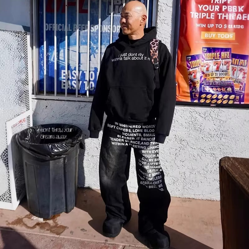 Fashion Retro Streetwear Hip-Hop Pants Casual Pants Men'S Wide Leg Pants Letter Printed Jeans Baggy Pants