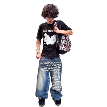 Fashion Retro Streetwear Hip-Hop Pants Casual Pants Men'S Wide Leg Pants Letter Printed Jeans Baggy Pants