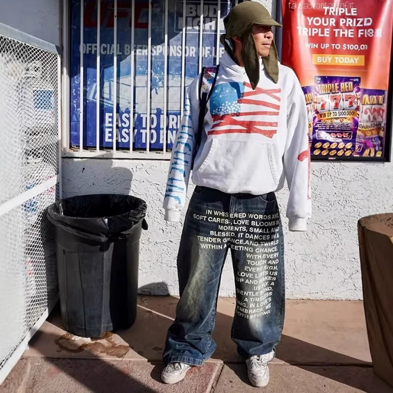 Fashion Retro Streetwear Hip-Hop Pants Casual Pants Men'S Wide Leg Pants Letter Printed Jeans Baggy Pants